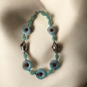 Jade Stone Glass bead Necklace Silver Fish 24” long